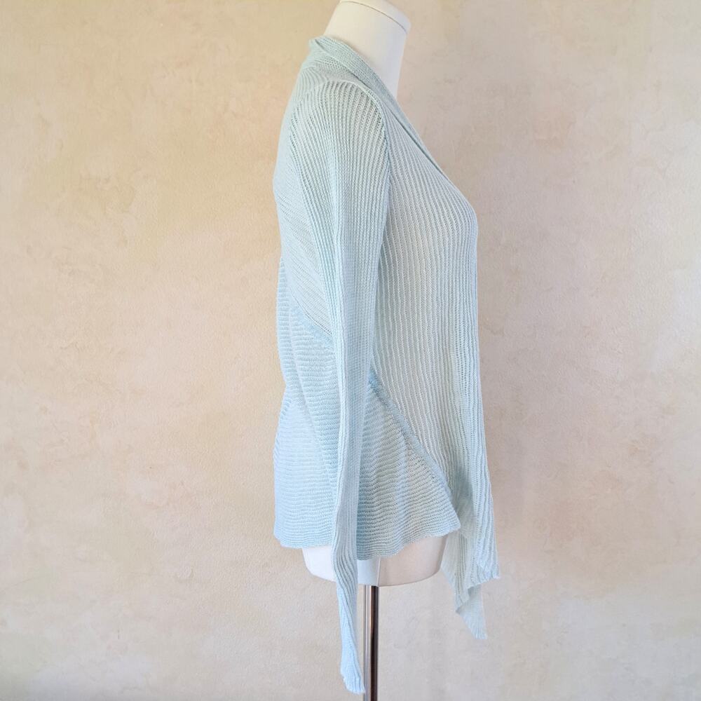 Eileen Fisher Petite Light Aqua 100% Linen Sheer Open Front Cardigan Sweater PS - Picture 2 of 7